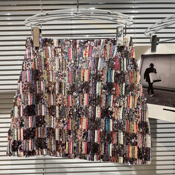 Silver Sequin Multi Checkerboard Mini Skirt Sz S New - Picture 7 of 13